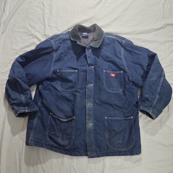 Dickies Other - Dickies Distressed Denim Blue Chore Coat Blanket Lined Corduroy Collar Mens XXL